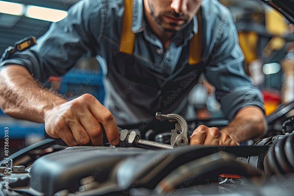 Close-up of a car mechanic working on a car engine Close-up of a car mechanic working on a car engine