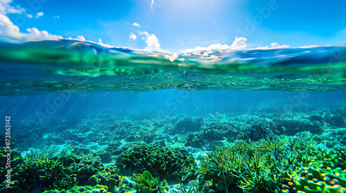 Bright and colorful algae on the surface of the blue transparent ocean.