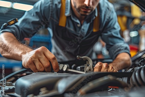 Close-up of a car mechanic working on a car engine