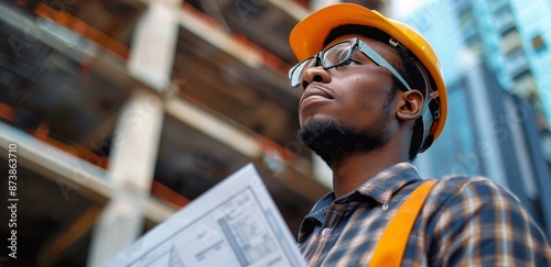 Construction Worker Looking Up at Building Plans in Urban City