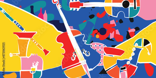 Modern music poster with abstract and minimalistic musical instruments assembled from colorful geometric forms and shapes. Vibrant musical collage with trumpet and piano	