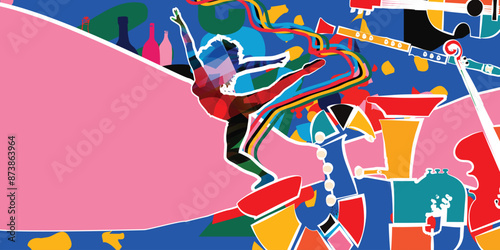 Dancing young woman with colorful background. Dancing studio poster