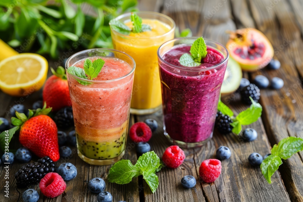 Vibrant fresh fruit smoothies with herbs, arranged on a rustic wooden surface Vibrant fresh fruit smoothies with herbs, arranged on a rustic wooden surface