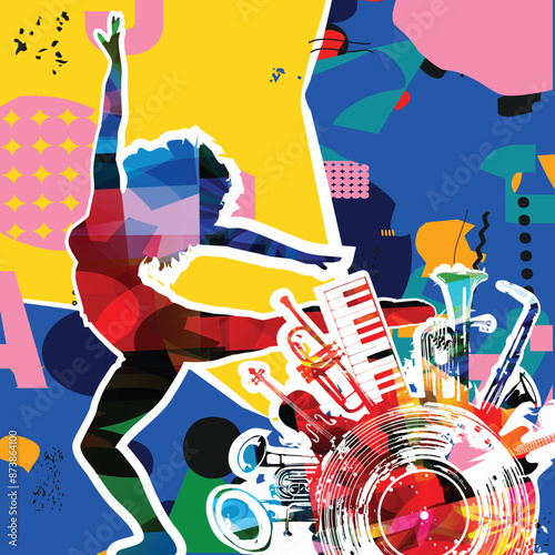 Dancing young woman with colorful background. Dancing studio poster