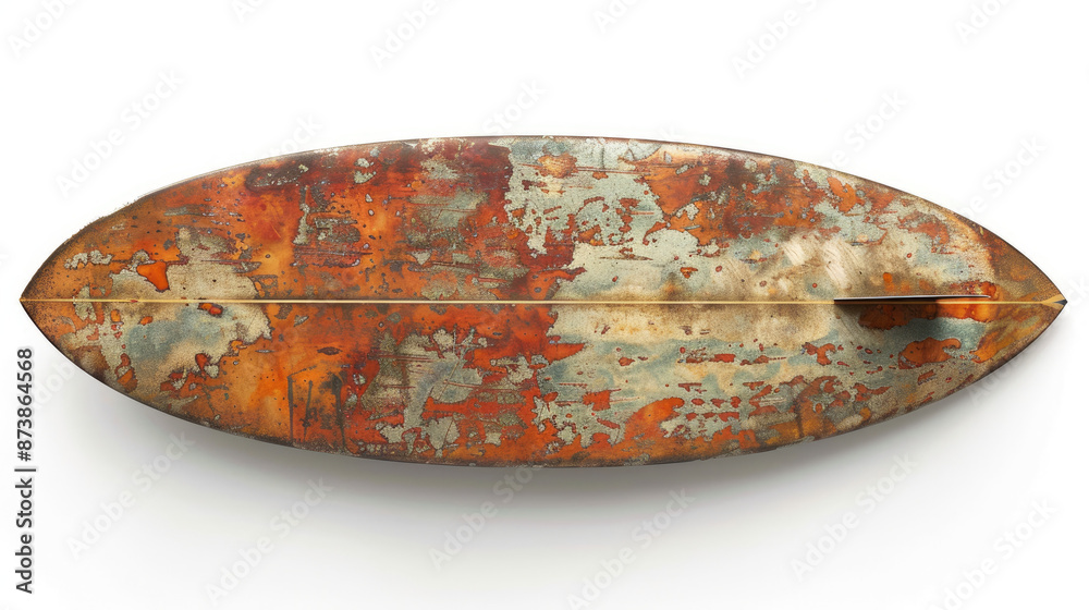 An old surfboard by itself on a white background. From the 1960s fashion. An old surfboard by itself on a white background. From the 1960s fashion.