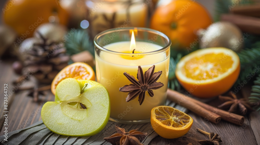 Aromatic Christmas candle with traditional winter spices like cinnamon, and fresh slices of oranges and apples. Aromatic Christmas candle with traditional winter spices like cinnamon, and fresh slices of oranges and apples.