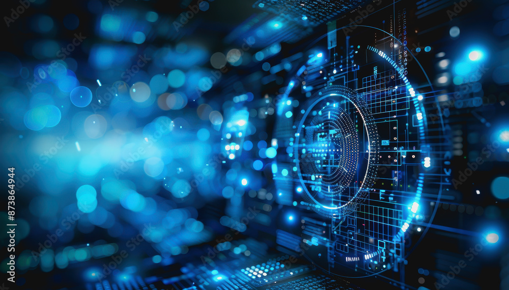 High-tech digital interface with blue circuitry, depicting futuristic and advanced technology High-tech digital interface with blue circuitry, depicting futuristic and advanced technology