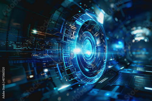 High-tech digital interface with blue circuitry, depicting futuristic and advanced technology