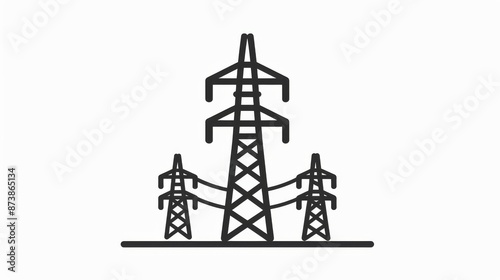 black and white vector icons representing an Power supply field, This icon describes the scene of the electric towerï¼Œ All set against a pure white background