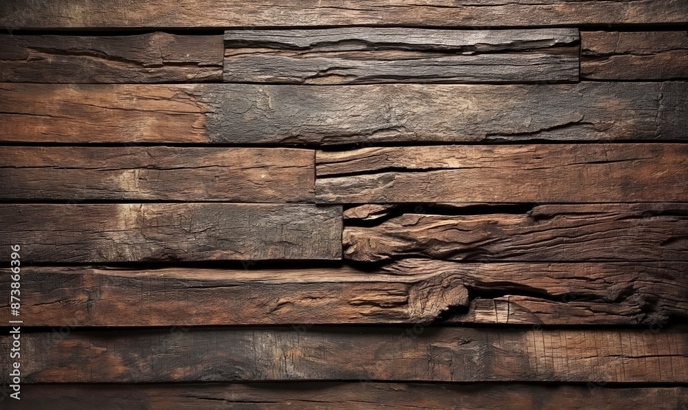 Obraz premium Rustic wood background with aged, textured planks displaying natural grain and weathered details