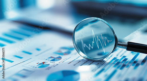 Wallpaper Mural Magnifying glass focusing on graphs and charts on a blue-toned document, symbolizing financial analysis and data scrutiny Torontodigital.ca
