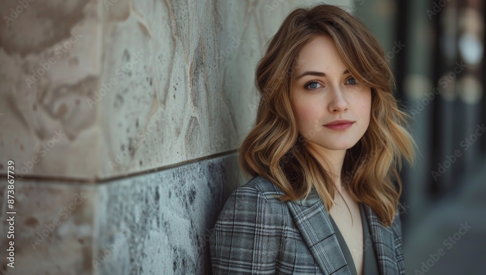 Portrait of a beautiful woman in business casual attire, standing against an urban backdrop. businesswoman on the street of a city Portrait of a beautiful woman in business casual attire, standing against an urban backdrop. businesswoman on the street of a city