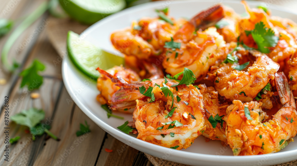 Crispy and yummy shrimp fritters with lime pieces and coriander on a white dish, wooden table backdrop, space for text, top view. Crispy and yummy shrimp fritters with lime pieces and coriander on a white dish, wooden table backdrop, space for text, top view.