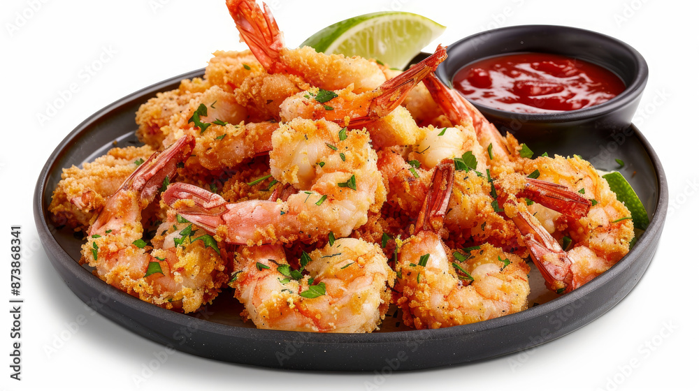Crispy breaded shrimp platter, ready to serve Crispy breaded shrimp platter, ready to serve