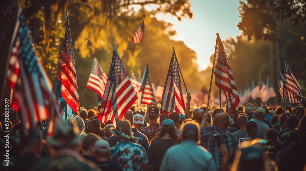 Fototapeta premium Celebrating Independence Day in US. Independence day. Liberty enlightening the world. American Celebration Usa Flag And Fireworks At Sunset. USA flag with fireworks background for 4 july independence