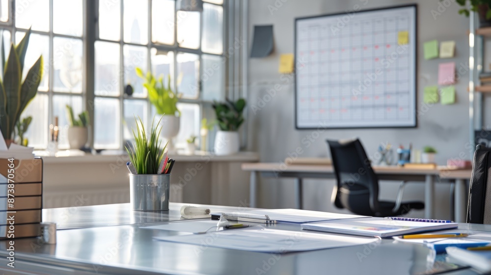Organized Modern Office Workspace with Schedules and Memos, Minimalist Design, and Natural Light Organized Modern Office Workspace with Schedules and Memos, Minimalist Design, and Natural Light