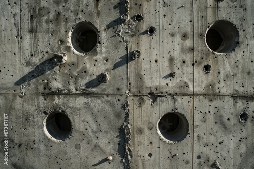 Emphasize the brutality of conflict with bullet holes perforating a concrete barrier, Generative AI