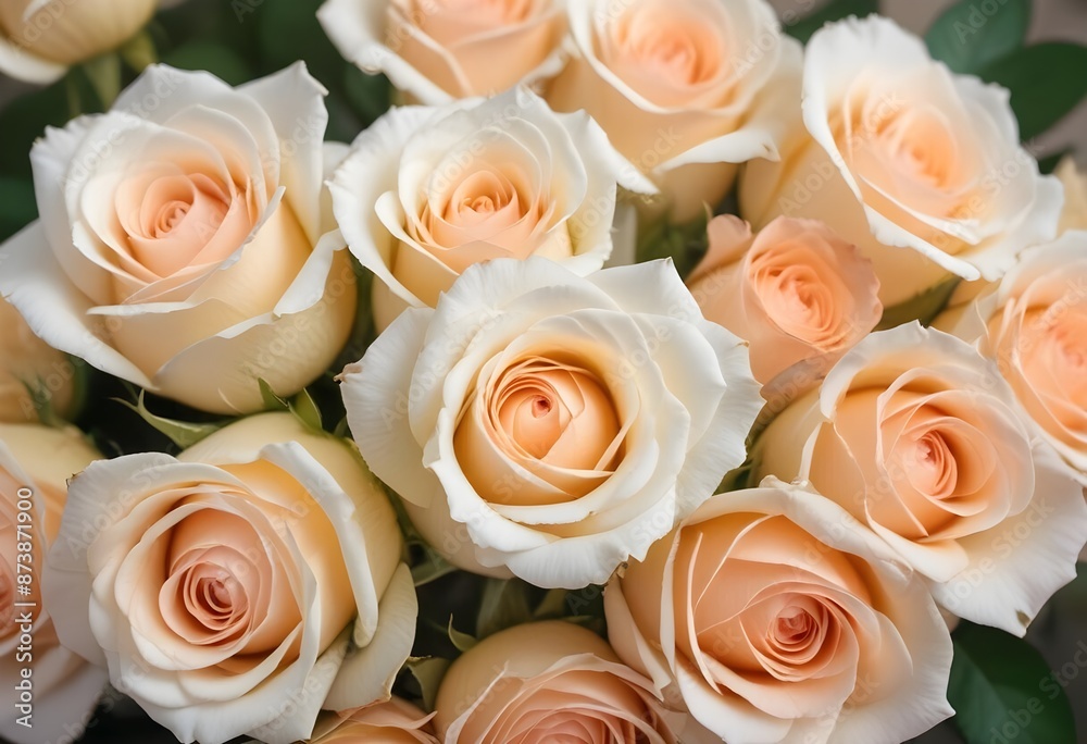 A close-up view of a bouquet of beautiful white and peach roses with soft, delicate petals arranged in a lush, floral pattern, blue, pink, purple, white roses A close-up view of a bouquet of beautiful white and peach roses with soft, delicate petals arranged in a lush, floral pattern, blue, pink, purple, white roses