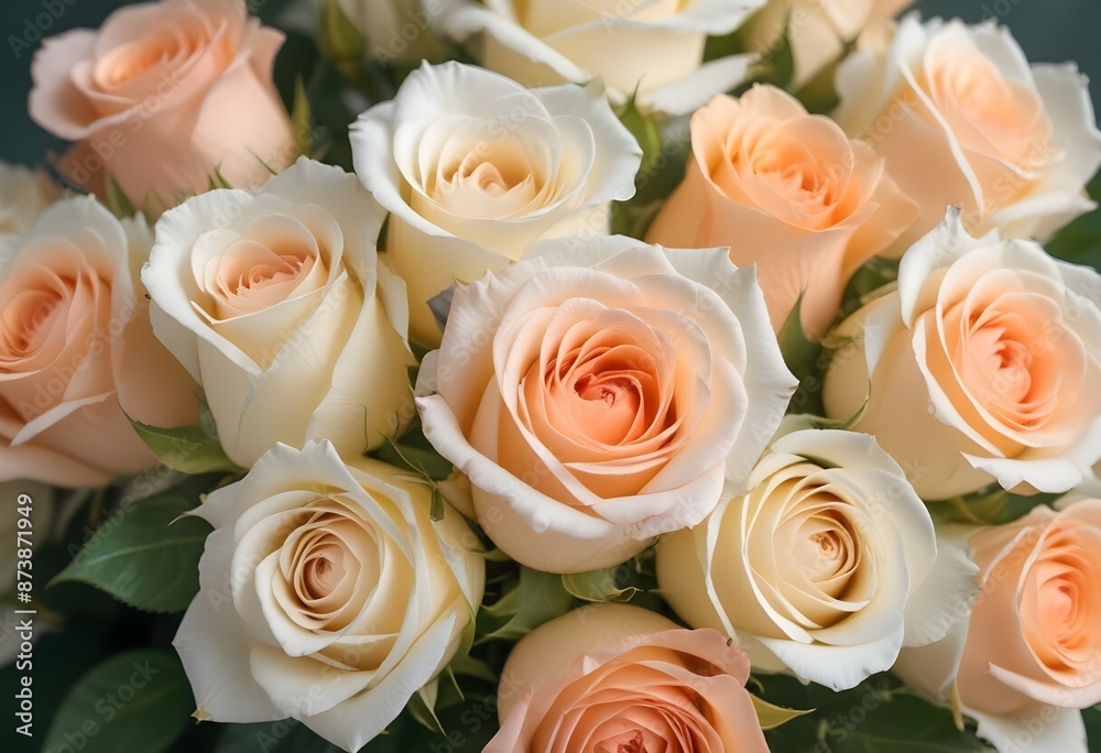 A close-up view of a bouquet of beautiful white and peach roses with soft, delicate petals arranged in a lush, floral pattern, blue, pink, purple, white roses
