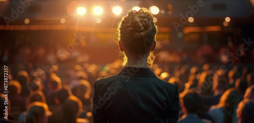 Woman Speaker Addressing Audience in a Lit Auditorium