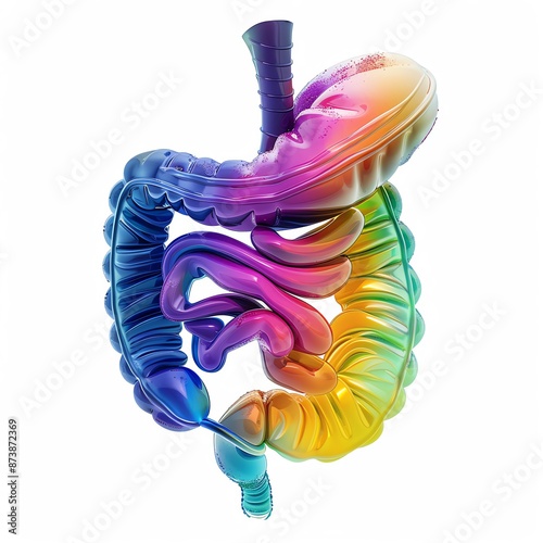 Colorful 3D rendered anatomy of the human digestive system highlighting the intestines and stomach against a white background.