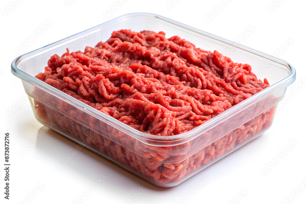Minced beef meat in plastic container isolated Minced beef meat in plastic container isolated