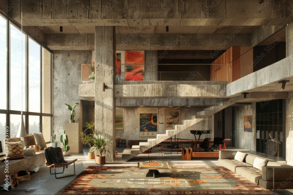 Interior of modern living room with concrete walls, carpet on the floor and big windows with city view. Interior of modern living room with concrete walls, carpet on the floor and big windows with city view.