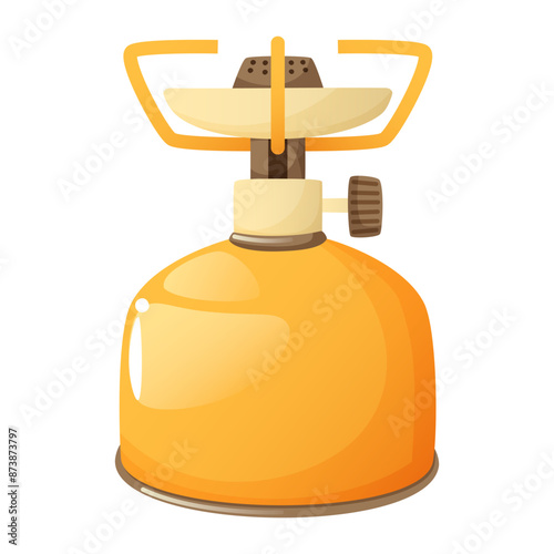 Portable gas stove with burner for camping, hiking, fishing and other outdoor activities. Yellow camping tiles on a white background. Tourist equipment for expeditions.