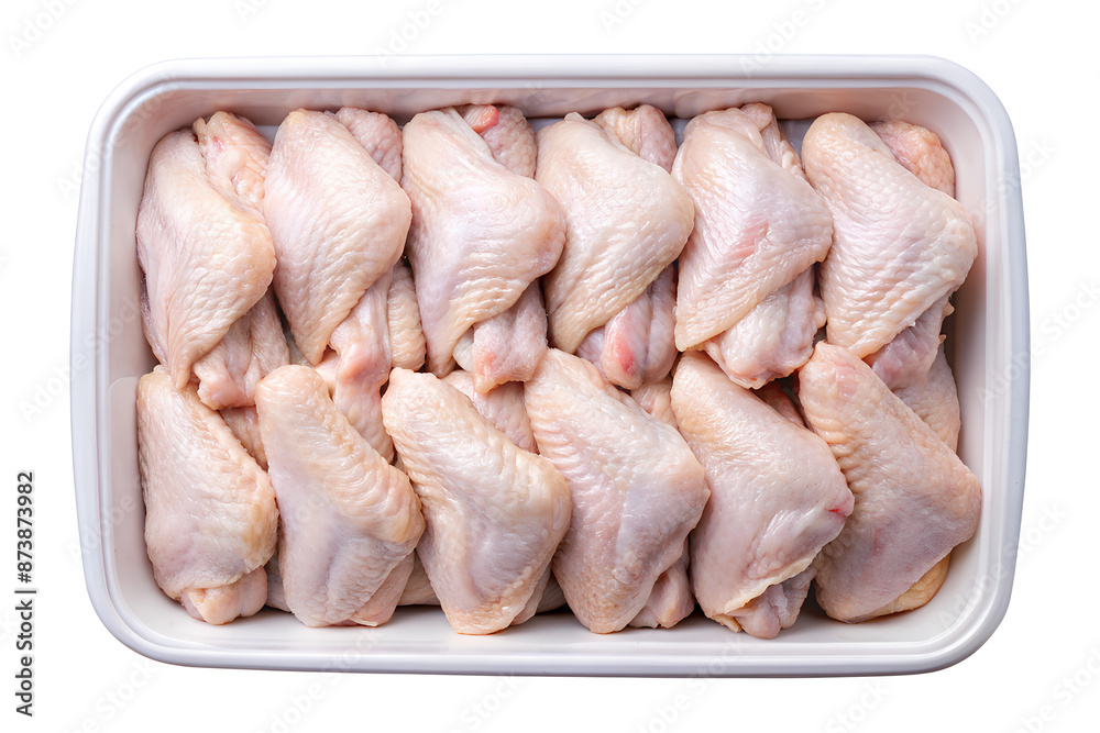 Raw chicken wings in craft container on isolate white background, Clipping path, top view Raw chicken wings in craft container on isolate white background, Clipping path, top view