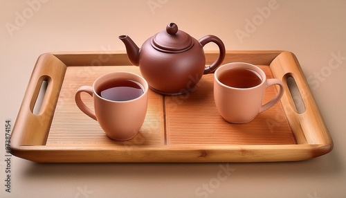 A rustic wooden serving tray with a teapot and cups.