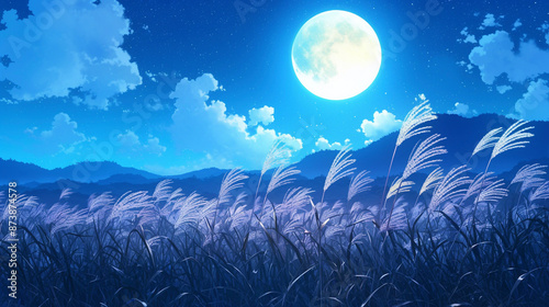 夜のススキと月が見える風景　Generative AI