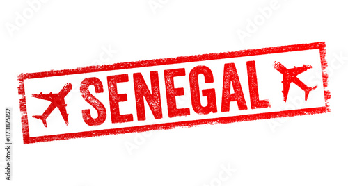 Senegal - is the westernmost country in West Africa, situated on the Atlantic Ocean coastline, text emblem stamp with airplane photo