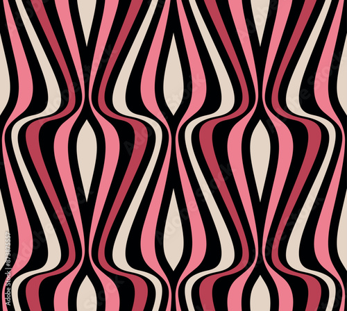 Seamless striped pattern with vertical wavy stripes in red, pink, white, and black. African ethnic style. Geometric retro design.