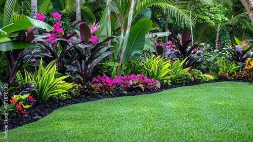 Vibrant Tropical Garden with Lush Green Grass,Colorful Flowers,and Large Palm Trees,
Featuring a Black Landscape Border and a Diverse Flower Bed with Calathea and Exotic
Vegetation photo