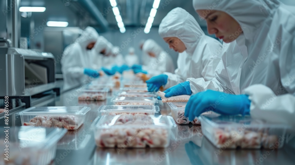 Team of Workers in White Protective Suits and Blue Gloves Inspecting Meat Products on Production Line with Packaged Chicken Team of Workers in White Protective Suits and Blue Gloves Inspecting Meat Products on Production Line with Packaged Chicken