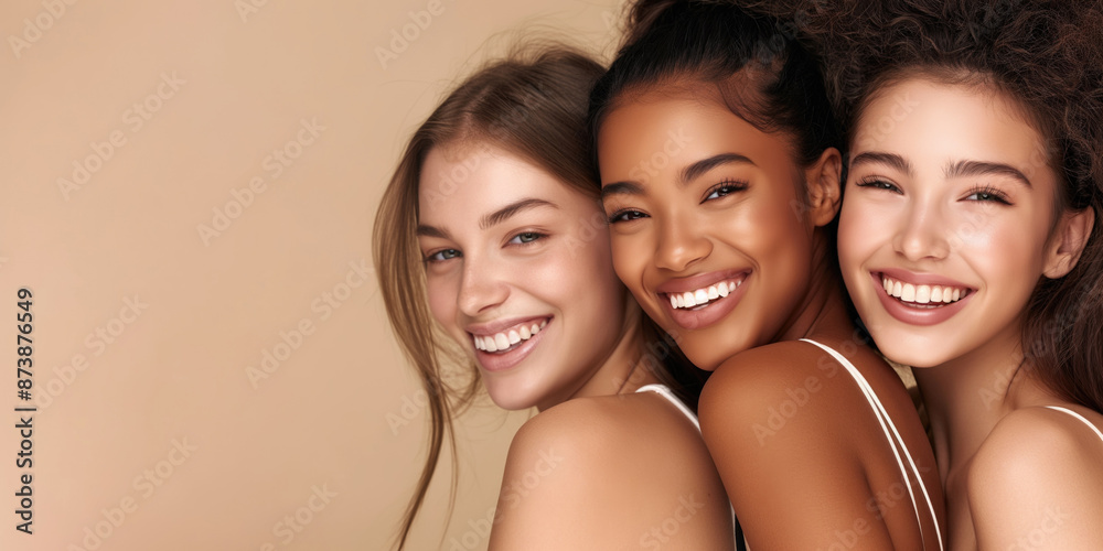 Three diverse women with radiant smiles posing against a beige backdrop. Diversity, beauty, friendship, positive connections, skincare advertising. Three diverse women with radiant smiles posing against a beige backdrop. Diversity, beauty, friendship, positive connections, skincare advertising.