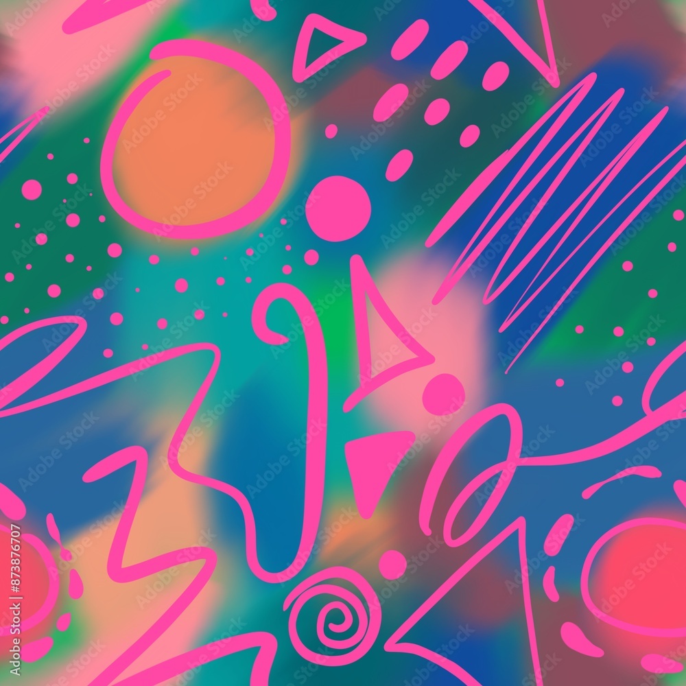 Fototapeta premium Abstract Hand Drawing Geometric Shapes Seamless Pattern with Digital Paint Watercolor Tie Dye Ombre Gradient Multi Colored Background