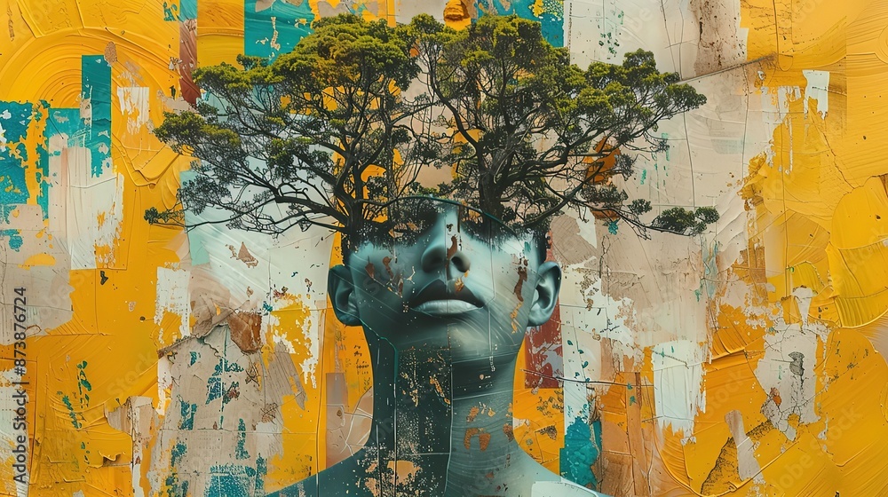 Fototapeta premium Abstract art collage of young man tree on head
