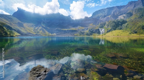Crystal Clear Mountain Lake with a Waterfall