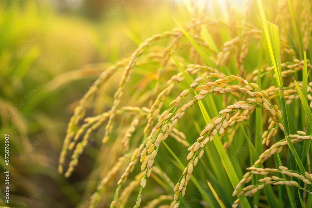 Closeup of golden rice plants in lush green field under warm sunlight. Agricultural growth, harvest season, farming, agronomy, crop cultivation concepts. Closeup of golden rice plants in lush green field under warm sunlight. Agricultural growth, harvest season, farming, agronomy, crop cultivation concepts.