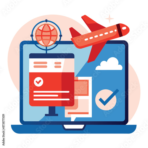 Illustration of online travel booking with various travel-related items. photo