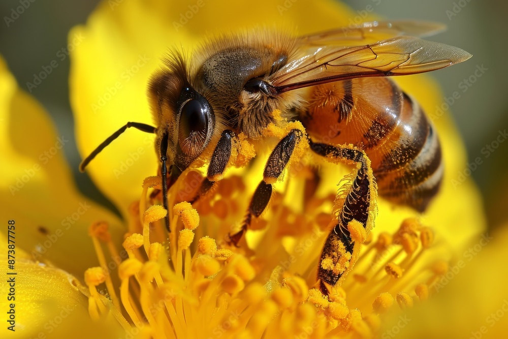 Honey bee collecting pollen from yellow flower Macro photo, AI generated Honey bee collecting pollen from yellow flower Macro photo, AI generated