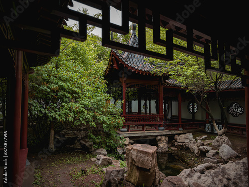 Beautiful scenery of the park on a rainy day, Changchun, China photo