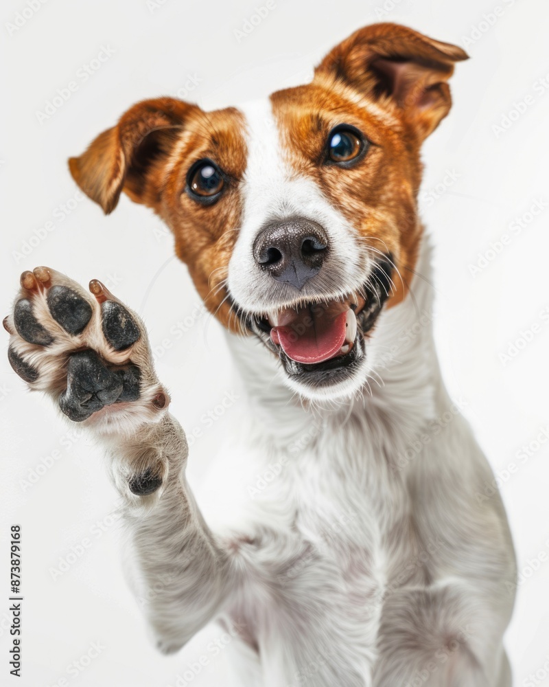 Dog Waving. Small Jack Russel Terrier Puppy with Happy Smile on White Background Dog Waving. Small Jack Russel Terrier Puppy with Happy Smile on White Background