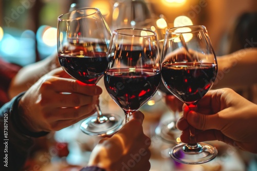 Group of friends toasting with red wine in a pub or restaurant Closeup of a stethoscope, AI generated