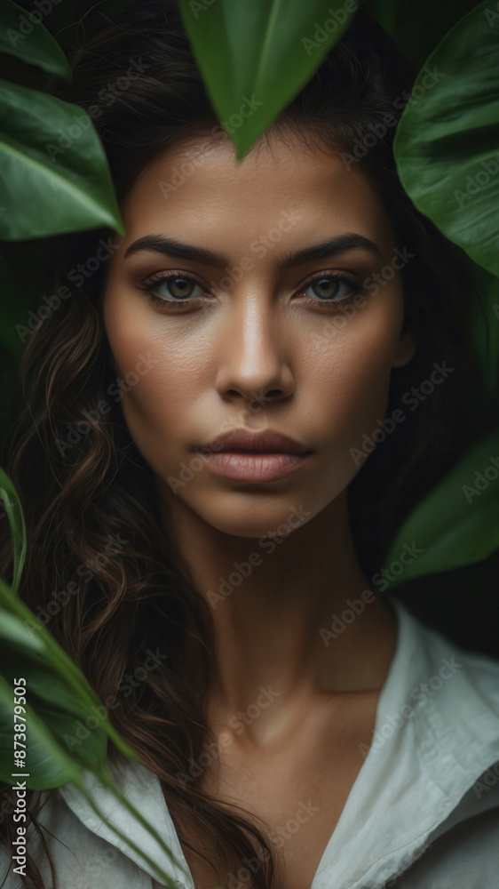 A beautiful woman among lush green foliage A beautiful woman among lush green foliage