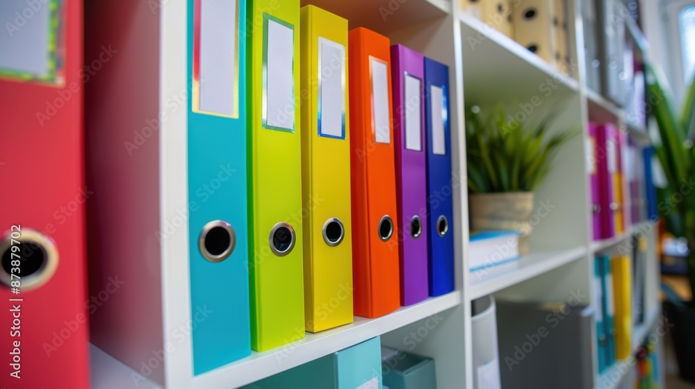 Colorful File Binders on Office Bookshelf
Colorful File Binders on Office Bookshelf