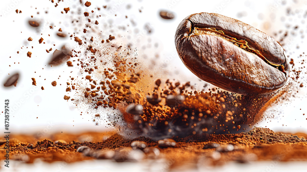 Fragrant roasted coffee beans in flight on a white background Fragrant roasted coffee beans in flight on a white background
