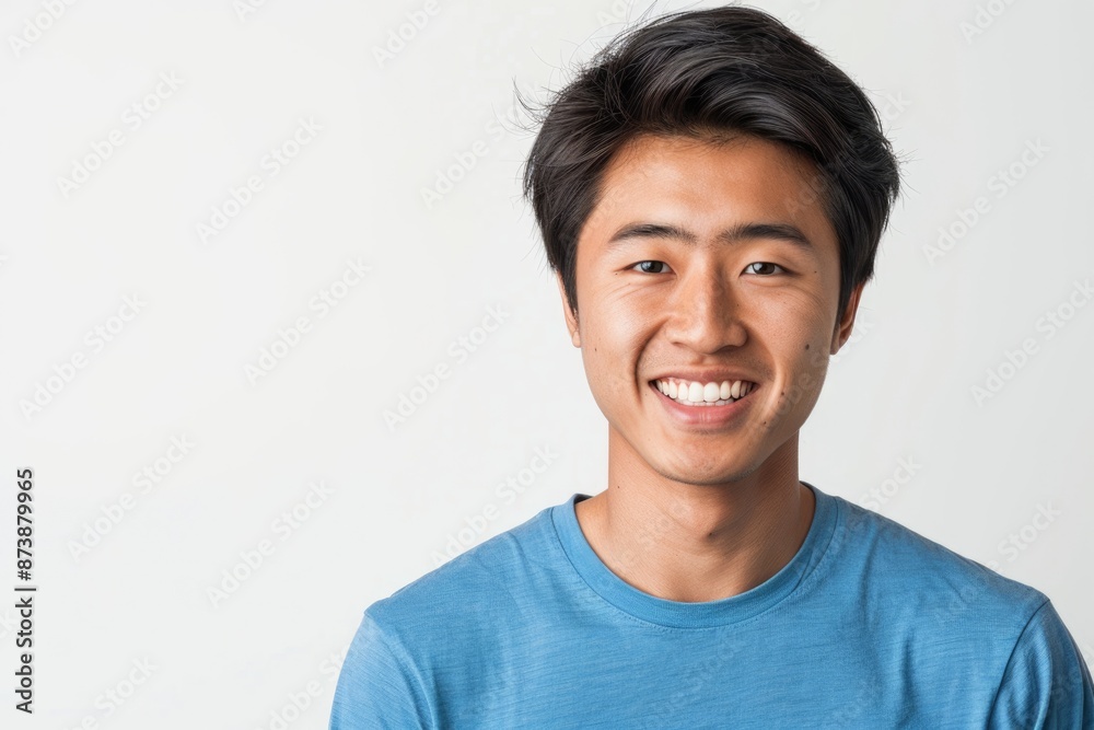 Head Shot Male White Background. Smiling Asian Executive in Blue T-Shirt, Isolated on White Head Shot Male White Background. Smiling Asian Executive in Blue T-Shirt, Isolated on White