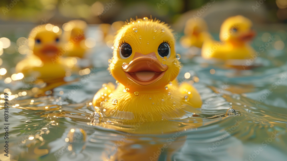 Yellow rubber ducks in a swimming pool close up Yellow rubber ducks in a swimming pool close up